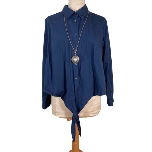 Navy Blue Button Up Crop Top - Picture 5 of 5